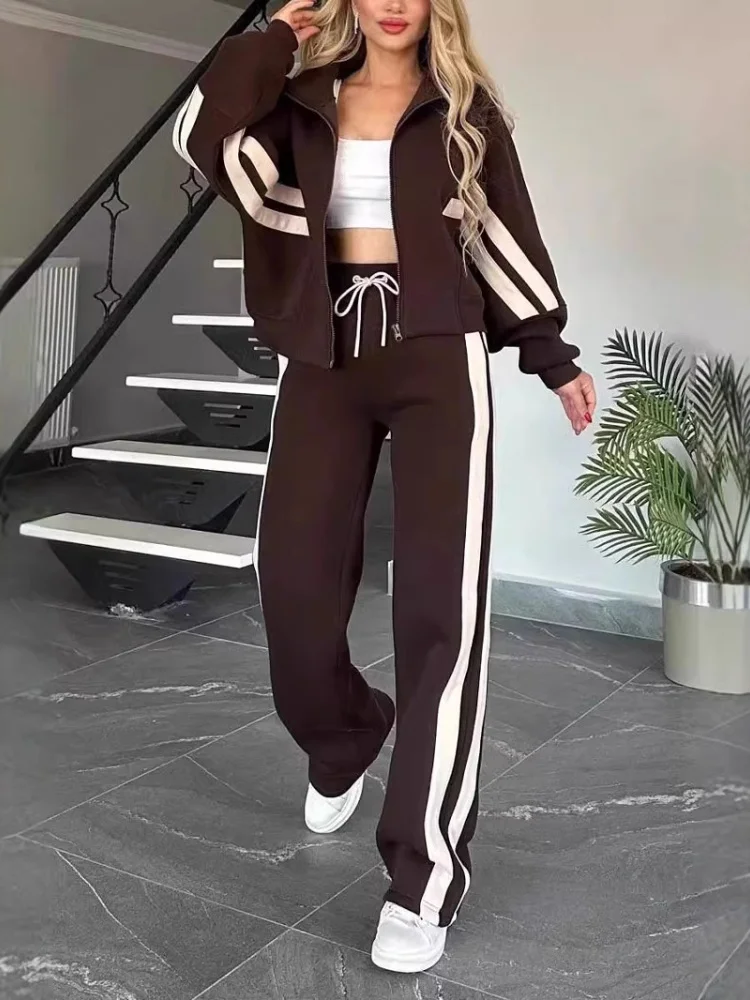 

Three Sisters New Arrivals Autumn Winter Fashion Casual Comfort Sportswear Y2K Striped Zipper Top Jacket Two-piece Set Pantsuits