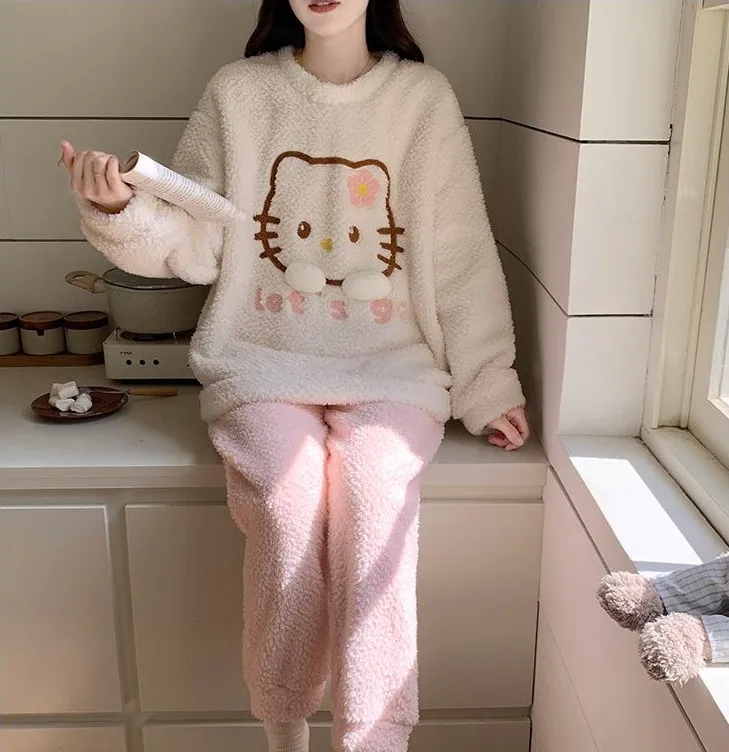 

Hello Kitty флисовый комплект из двух предметов, женский пуловер, одежда для отдыха, зимняя домашняя одежда, уютная одежда для дома, универсальная одежда