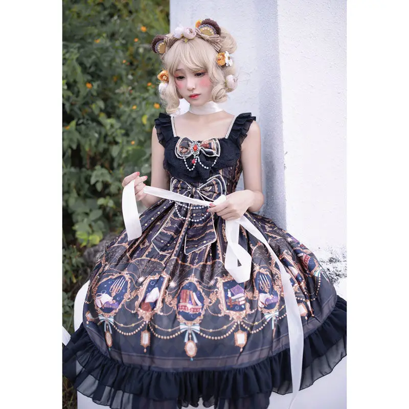 Vintage Lolita Jsk Dress Gothic Elegant Women Sweet Bow Elegant Princess Sleeveless Black Dress Girly Party Black Strap Dresses