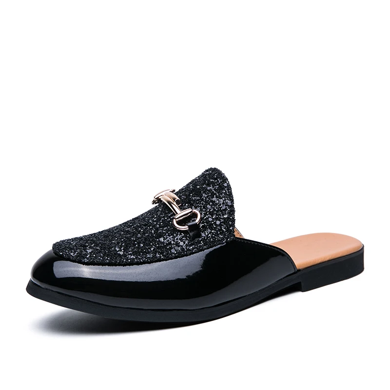 Luxury Men\'s Genuine Leather Shoes Sequins High-end Casual Shoes Comfortable Half Slippers Loafers Men\'s Flat Shoes At Home