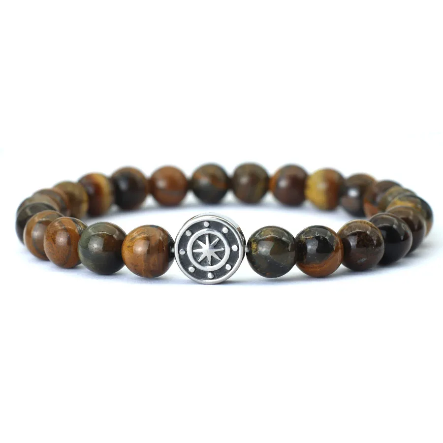 Simple Style Genuine Natural Stone Bracelet For Men Viking Pirate Compass Braclet Tiger Eyes Strand Braslet Leisure Accessories