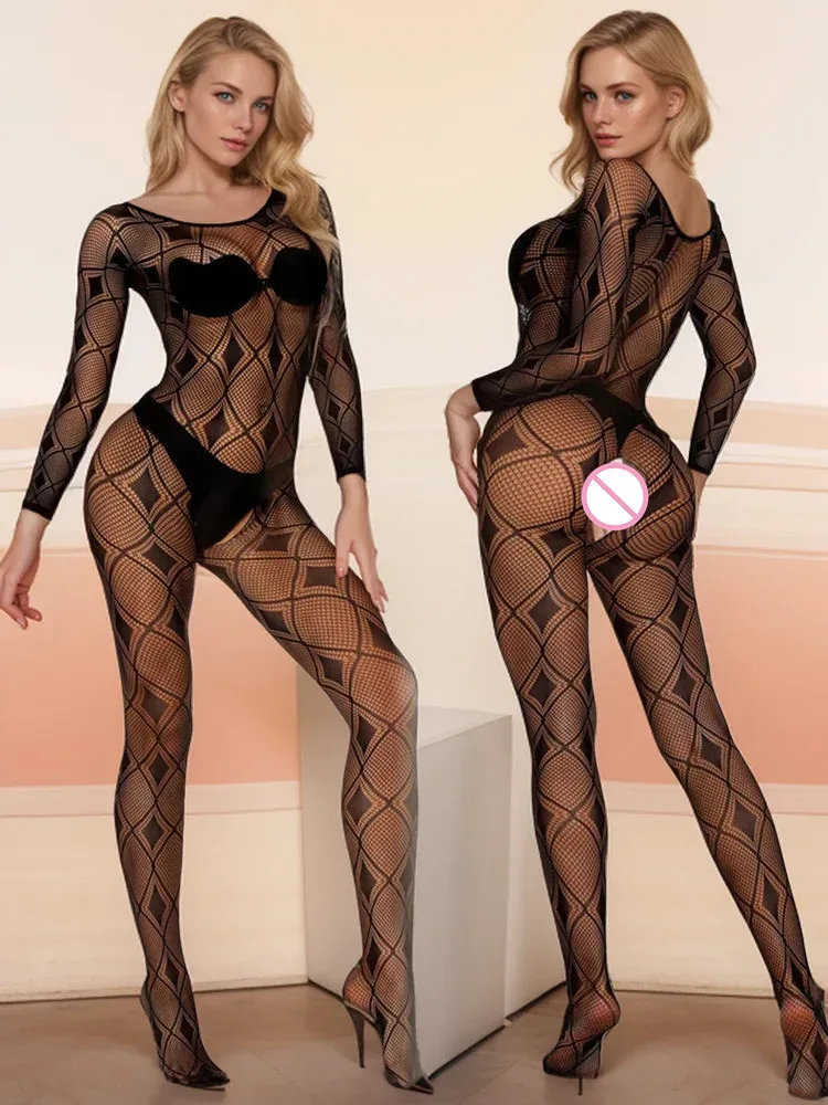 

Hot One-piece High Elasticity Full Body Stockings Fishing Net Jumpsuit For Women Erotic Costumes Nightclubs Sexy Tights Lingerie