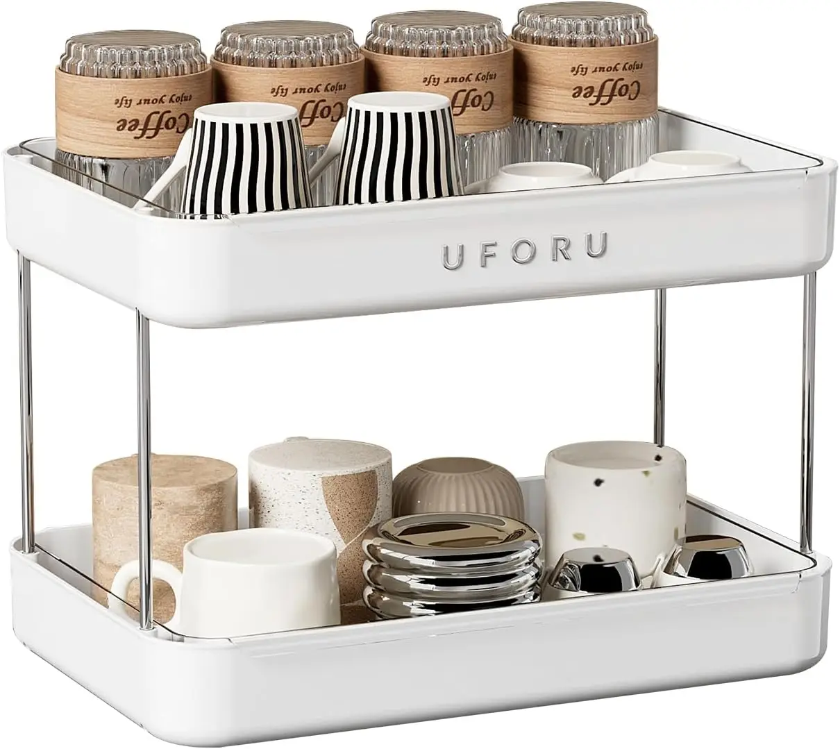

2-Tier Countertop Coffee Station Organizer with Mug Drying Rack & Removable Drain Tray, Easy Install, Kitchen Counter Organizer