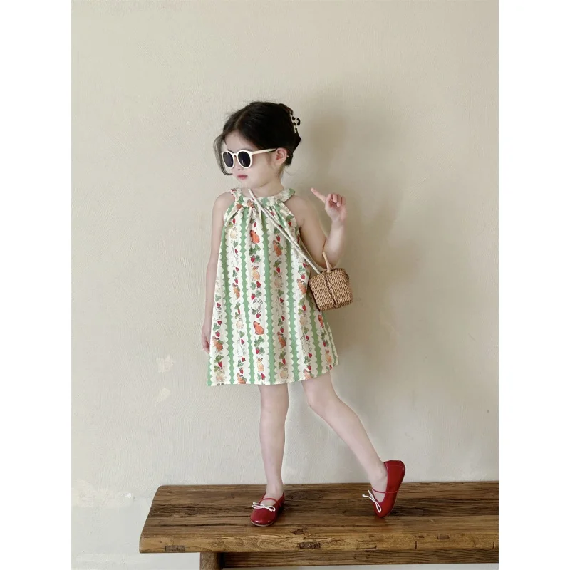 Girls' Dress2024Summer New Western Style Sleeveless Cartoon Rabbit Print Cotton Dress Children