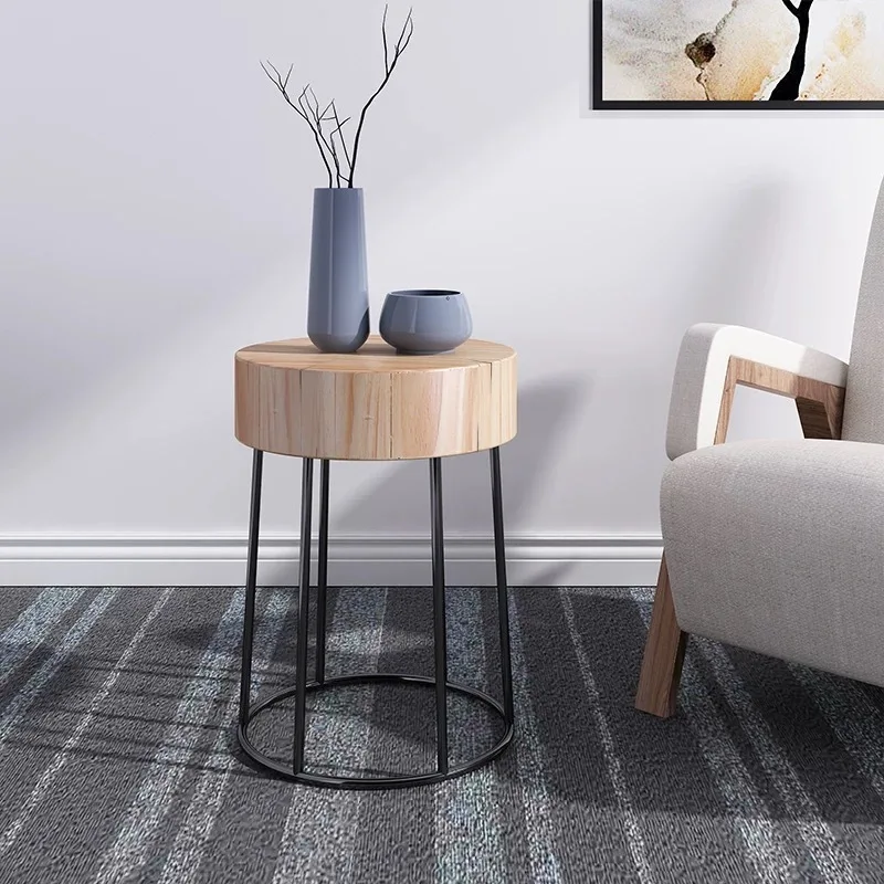 

Solid wood iron frame household living room sofa side few bedrooms side table round desktop small stool