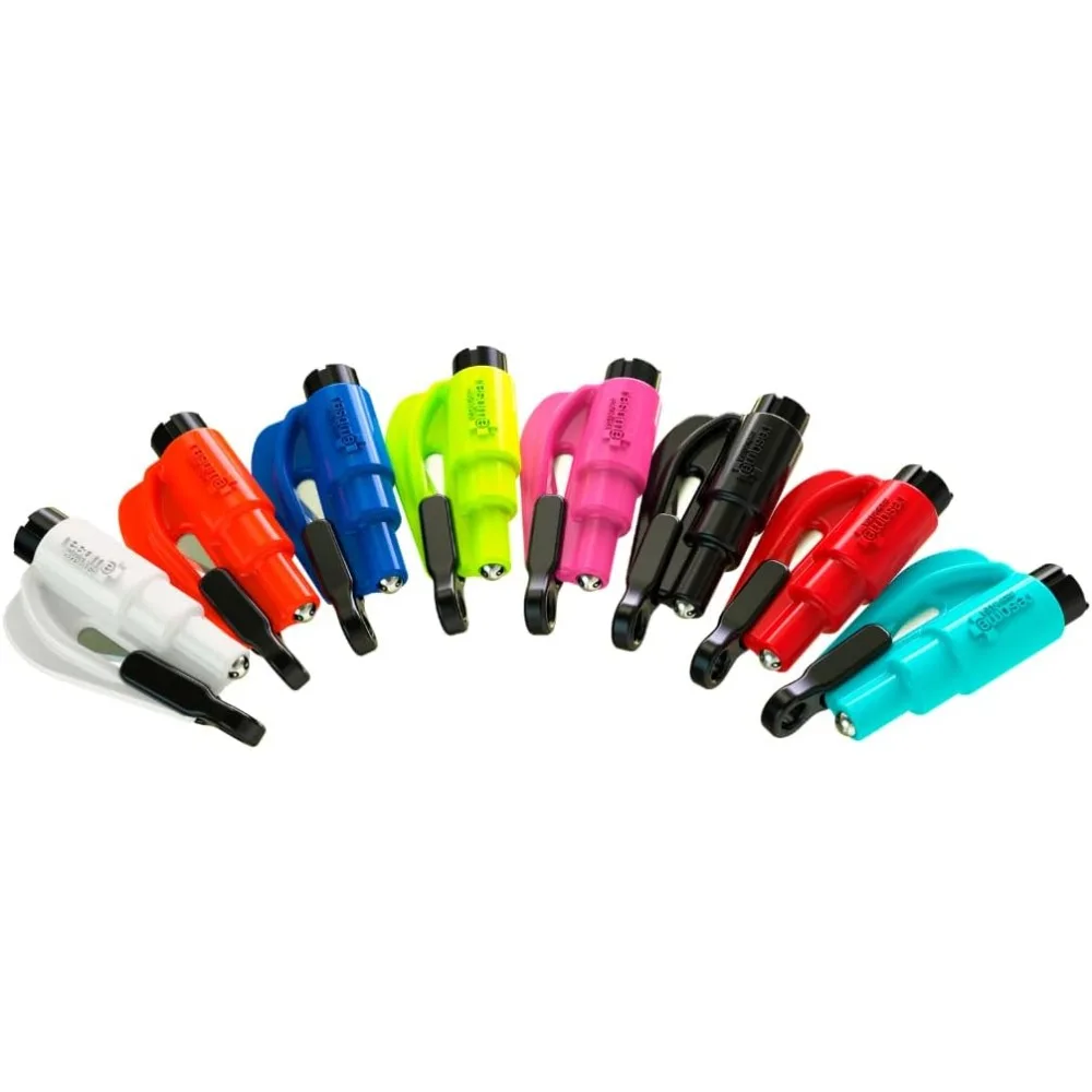 

Resqme Original Multi-Tool Keychain: Car Escape Device with Seatbelt Cutter and Window Hammer, American Made, Rainbow Pack of 8