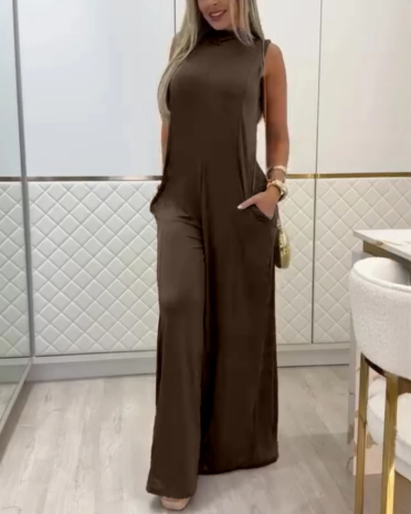 

Jumpsuit Women 2025 Summer New Solid Color Halter Sleevless Backless Casual Pocket Design High Waist Wide Leg Jumpsuit
