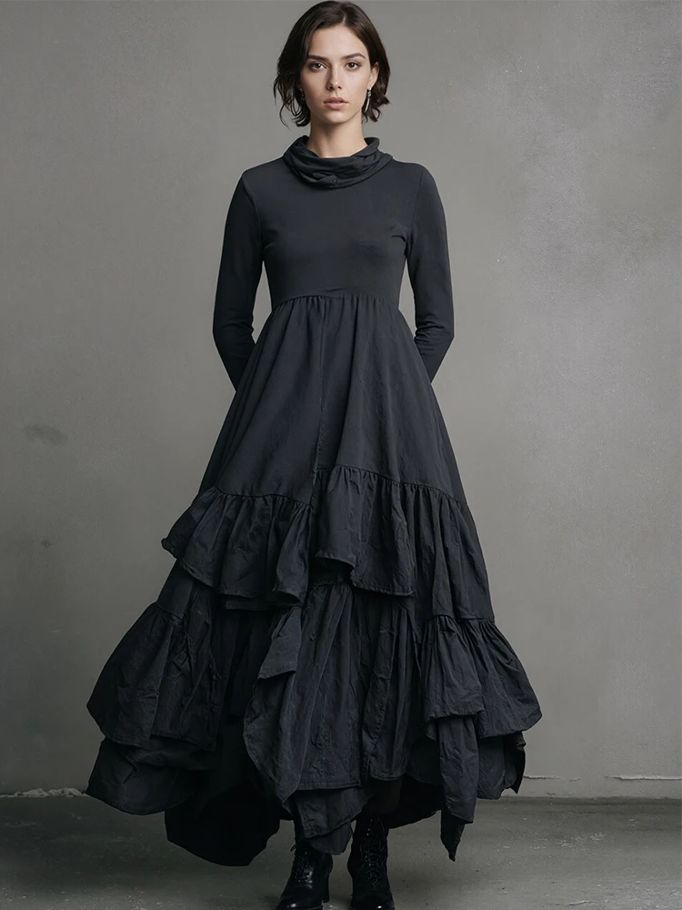 Vestido feminino com gola alta, manga comprida, preto, minimalista, plissado, em camadas, gótico, casual, retrô, bolsos, linha a, vestidos chiques