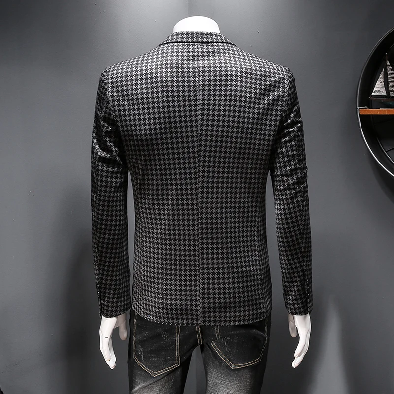 2024 Korean Men's Cashmere Checkered Fashion Handsome Business Leisure Autumn and Winter Suits Canary Small Suit  M-4XL