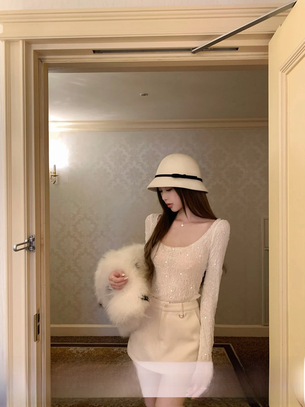 

Yoyozhang White Large U Ne Lace irt Women's Spring Versatile Long Sve Top Soft Gauze adow Casual Sle Faionable