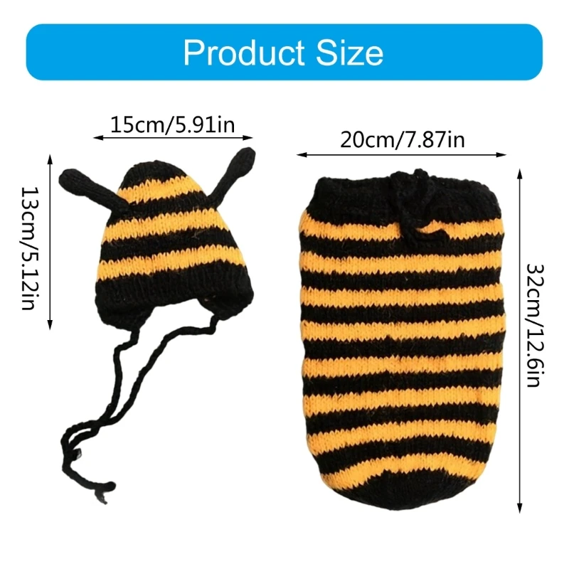 N80C Newborn Photoshooting Props Knitted Bees Costume Hat Romper Set Baby Photo Posing Props Infant Photography Outfit 2PCS