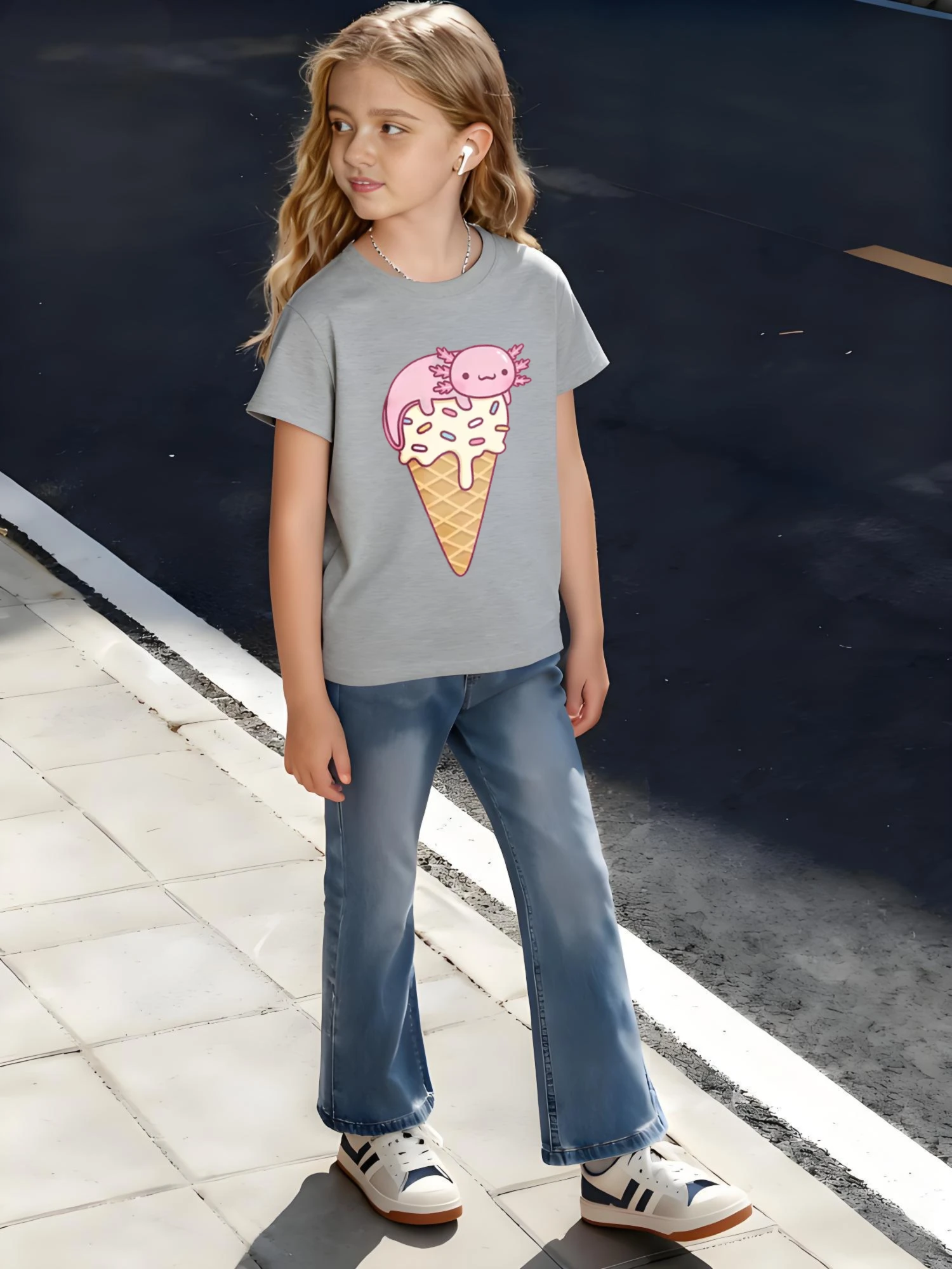 ​ أطفال الأطفال القطن تي شيرت الآيس كريم مع Axolotl توبر على الهراء مخروط تصميم للبنين بنات الحلوى الحلوة موضوع ​