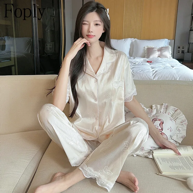 

Beige Butterfly Women Pajamas Set Ice Silk Summer 2 Piece Pyjama Satin Silk Sleepwear Shortsleeve Pants Pijama Pjs Loungewear