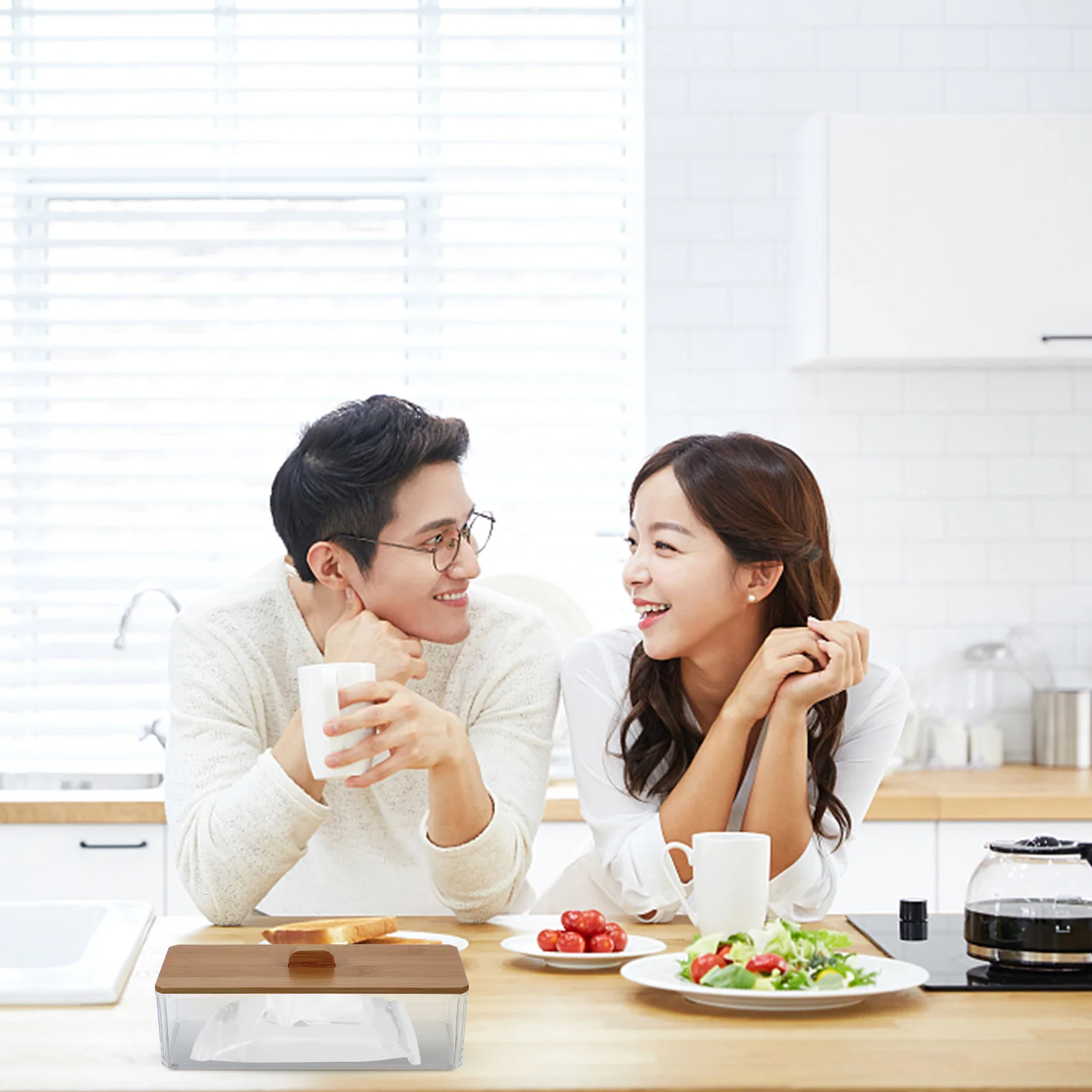 아크릴 티슈 박스 투명 데스크탑 수납 랙 대나무 뚜껑 사각형 정리함 냅킨용 가정용 다기능 거실용