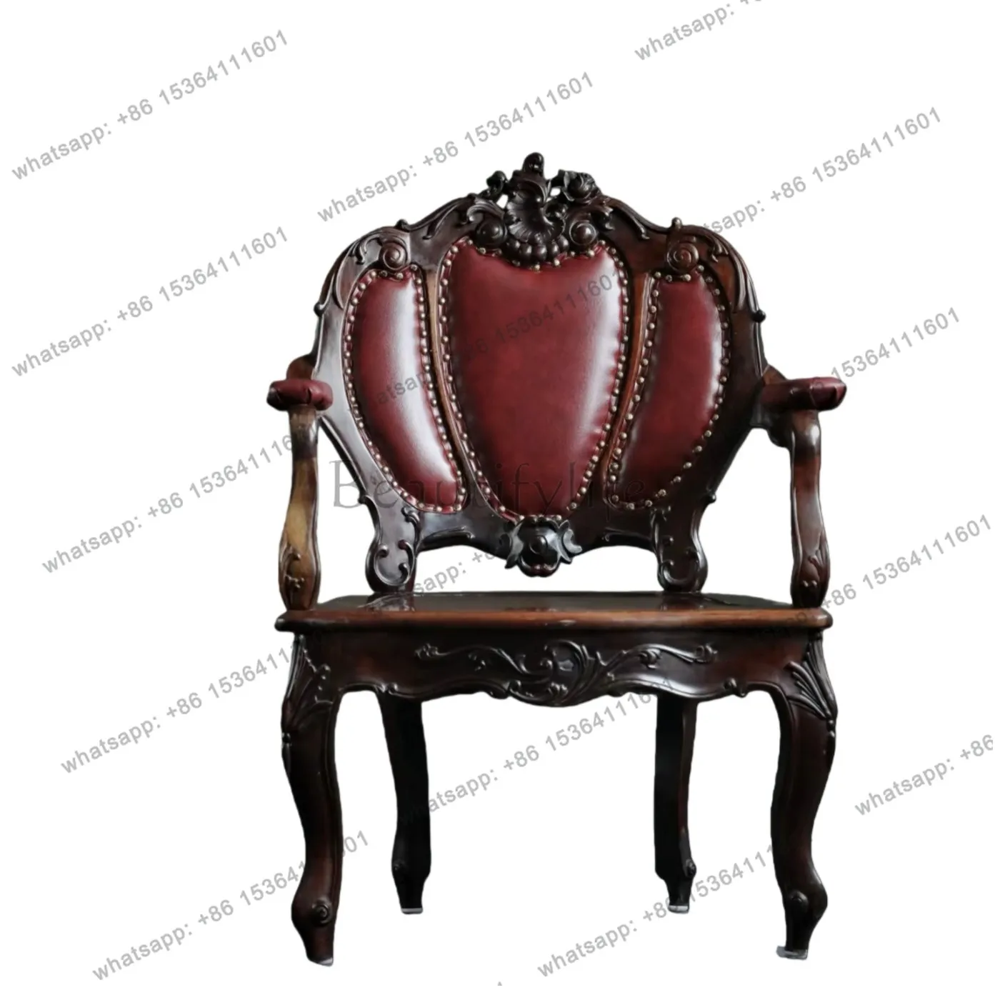 American country solid wood carving flower sofa chair retro style study bedroom leather back chair