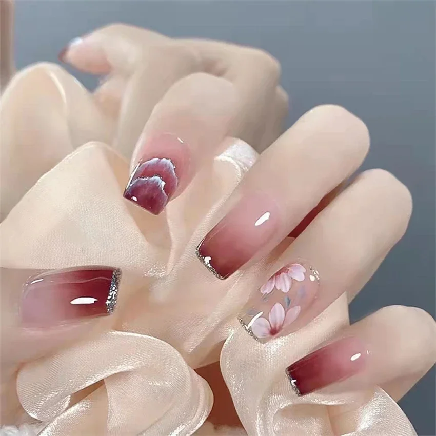 24Pcs/Set Gentle Pure Desire Country Style Press on Nails Full Cover Wearing False Nails French Peach Gradient Fake Nails Tips