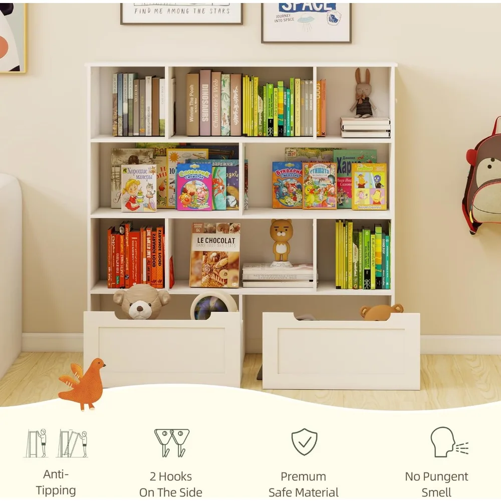 منظم تخزين ألعاب الأطفال مع درجين، ورف كتب للأطفال وخزانة تخزين، مثالي لتنظيم الألعاب والكتب