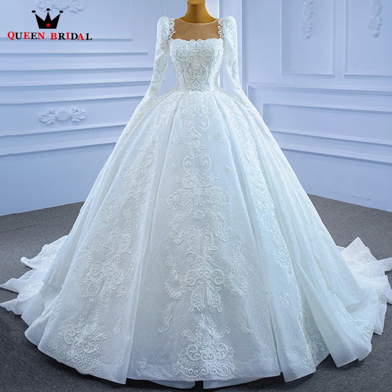 White Long Sleeve Wedding Dress Boat Neck Appliques Bridal Gown Vintage Ball Gown Sequined Lace Up Bride dresses Customize XX30