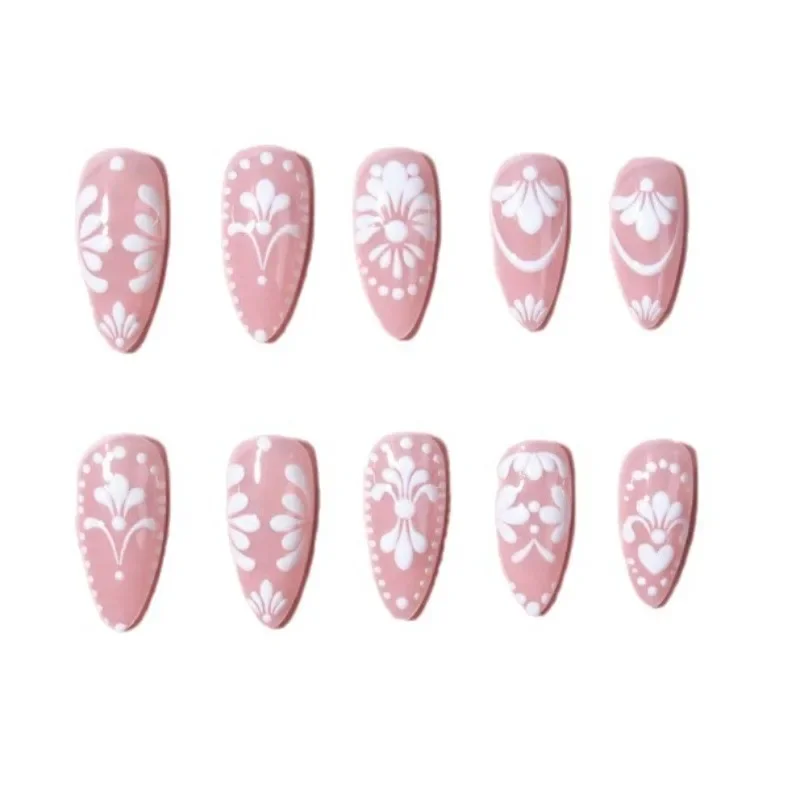 

24PCS White Embossed Flowers Press on Nails with Almond False Nails Simple Sweet Elegant Removable Wearable Manicure Fake Nails