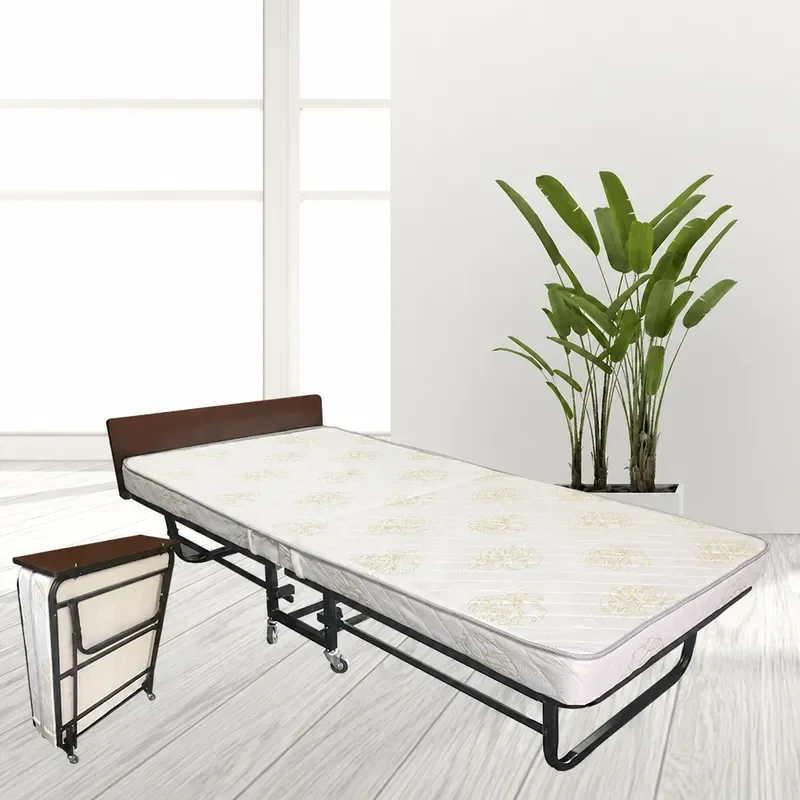 Portable Metal Rollaway Bed Single Size with Coconut Palm Mattress Foldable Extra Guest Bed for Hotel Home Use Space Saving