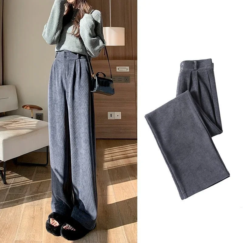 Trendy Women Korean High Street Wide Leg Trouser Autumn/winter Thick Warm Women's Pant Fashion Corduroy Loose Button Trouser