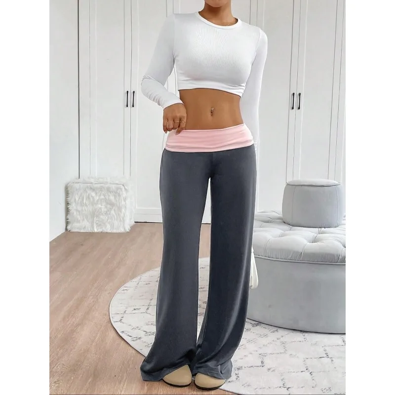 حجم كبير 1XL-5XL المرأة الجديدة منخفضة الخصر بنطال ذو قصة أرجل واسعة عارضة الرياضة السراويل الطويلة