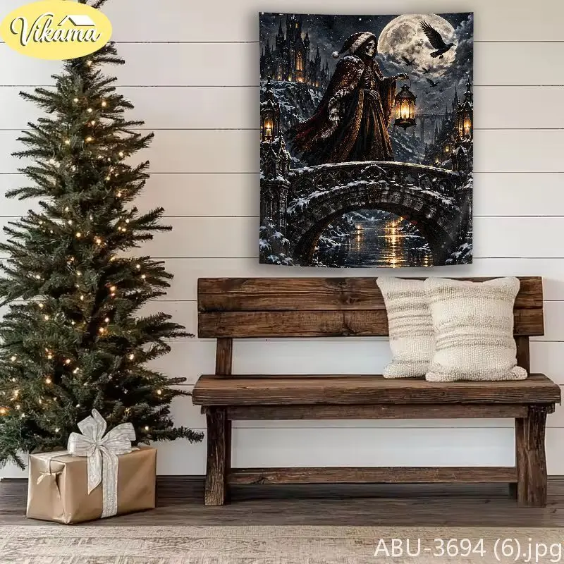 VIKAMA Morbid Yule Heart Garland Taper Raven Cranium Snowflake Wall Tapestry Shadowy Victorian Romantic Goth Festal Room Home