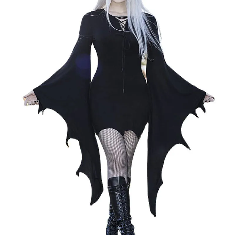 2024 Nowy występ na Halloween Damska czarno-czerwona długa spódnica Wiązana sukienka z okrągłym dekoltem Anime Cosplay