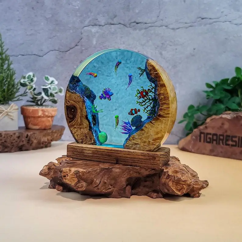 3D Stereoscopic Resin Marine Luminescent Ornaments Featuring Tropical Fish and Coral Reefs LED Home Desk Decorative Artworks