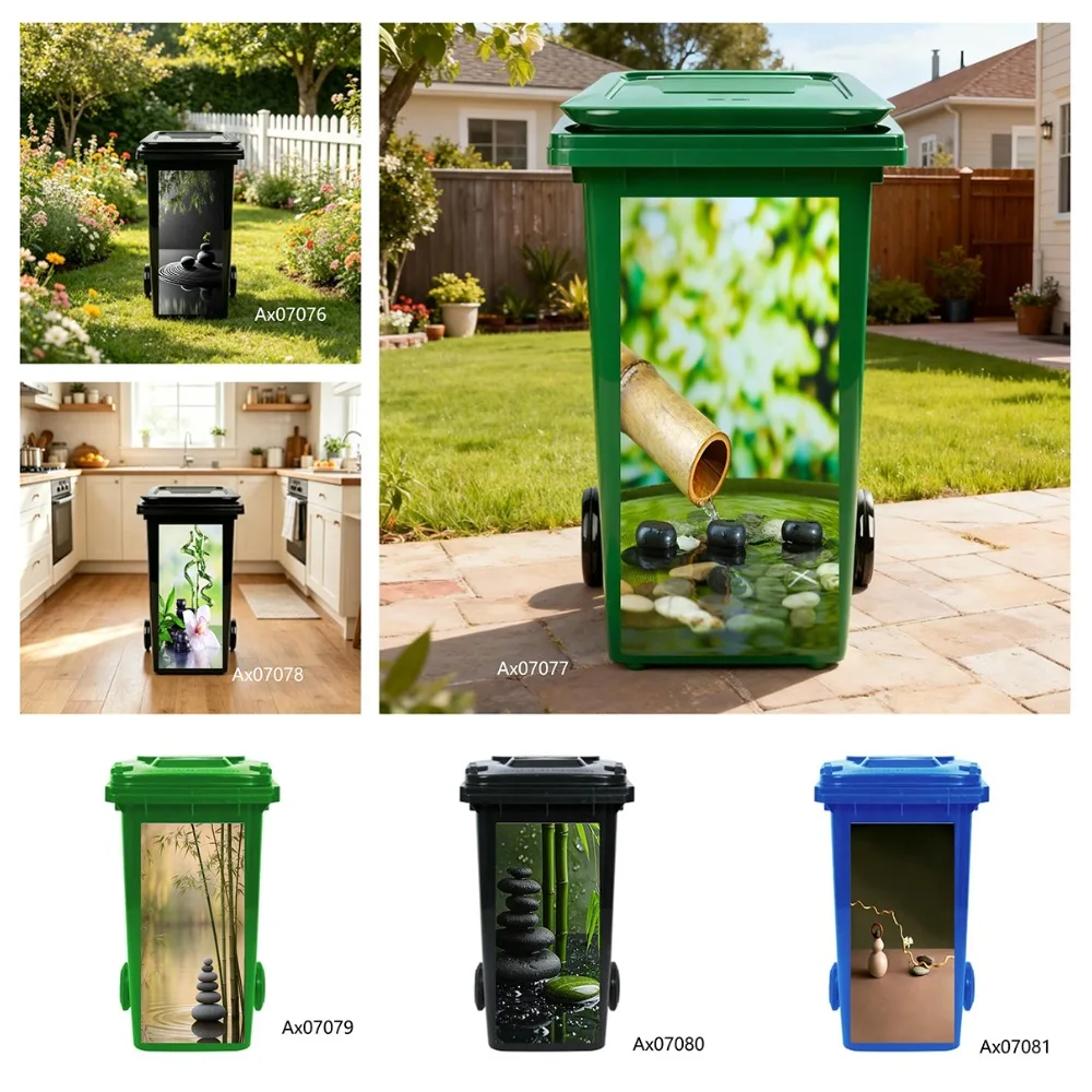 Waterproof Removable Zen Bamboo Balance Stacked Stone Spa Scenery Wheelie Bin Sticker For Outdoor Garden Trash Bin Decoration