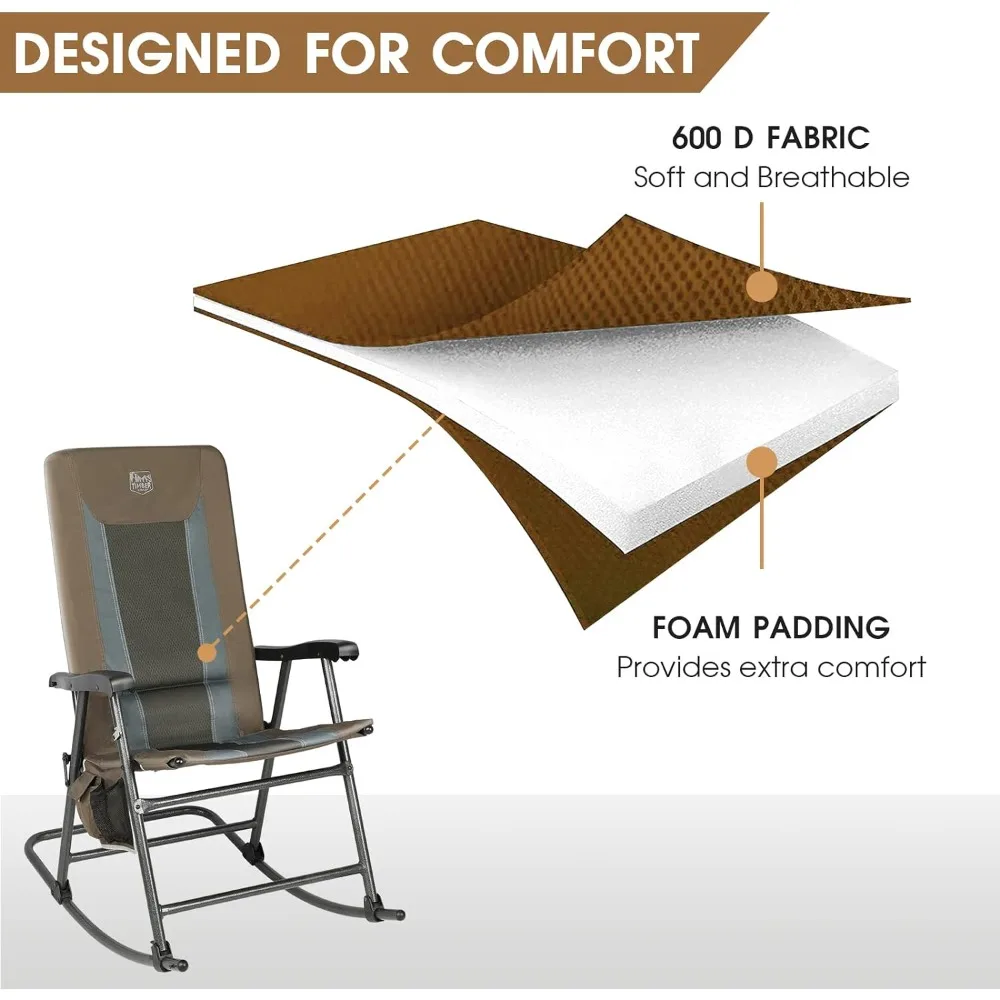 Foldable Padded Rocking Chair for Outdoor,High Back and Heavy Duty,Portable for Camping,Patio,Yard or Balcony(Brown)