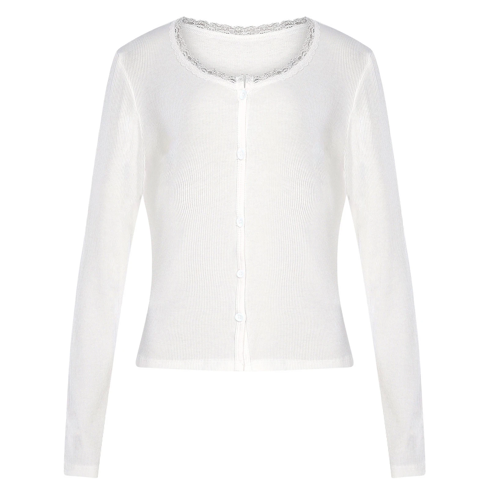 Womens Knitted Cardigan Long Sleeve Buttons Neckline Lace Trim Shrugs Crop Top Sweater Outerwear for Office Daily Casual Wear