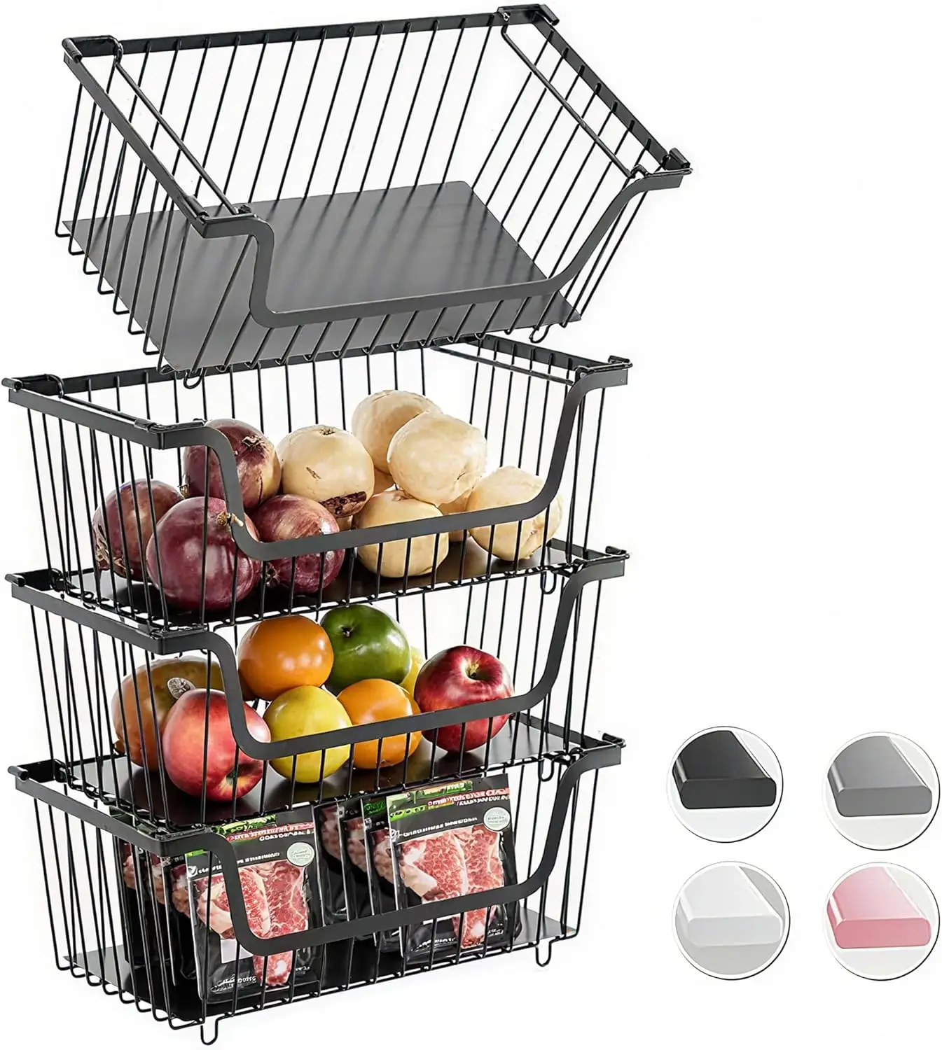 

4-Pack Stackable Wire Baskets for Kitchen Pantry Organizers, Vegetable Fruit Storage, Black Metal
