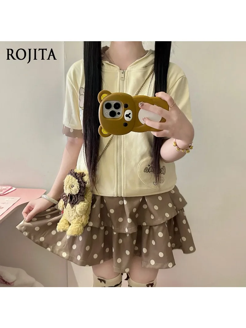 

Cartoon Embroidery Hooded Short-sleeved Top and Polka Dot Printing Mini Skirt Two-piece Sets Women Preppy Style Kawaii Sets