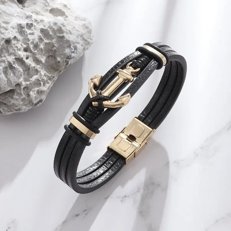 Vintage Punk Style Hand Braided Anchor Charm Bracelet Men's Classic Leather Bracelet with Magnetic Closure Fashion Wrist Jewelry image 2