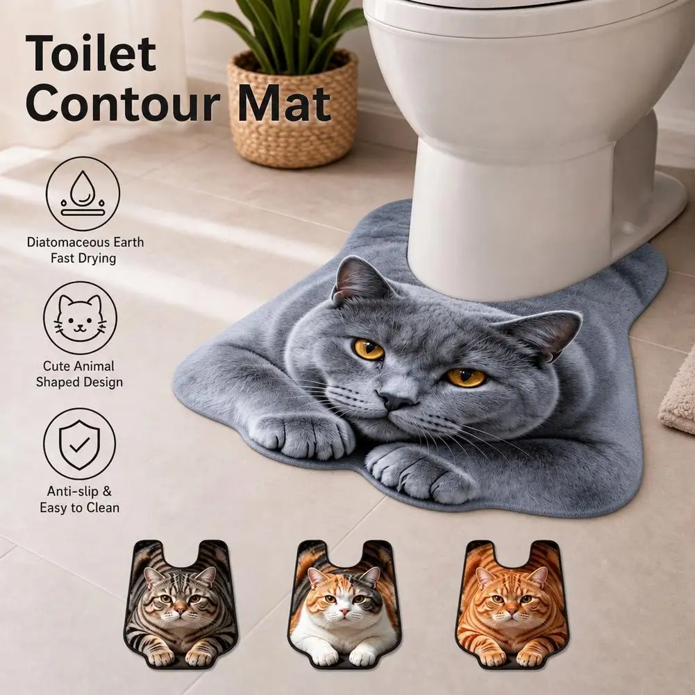Cat Diatomaceous Earth Toilet Rug U-Shaped Fast Drying Bath Mat Super Absorbent Thin 4mm Non-Slip Rubber Backed Toilet Contour