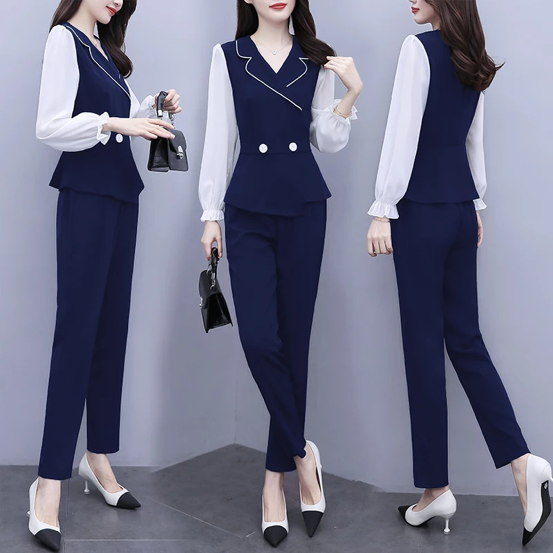 Elegant Patchwork Office Lady Pants Sets For Spring Autumn 2023 New Women Fashion Oversize Turn Collar Slim 2 Pieces Outfits