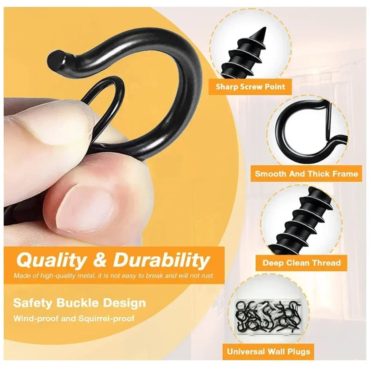 Q-Type Hook with Safety Buckle, Screw Hook, Suitable for Outdoor String Light, Hanging, Home Decoration, Christmas Decoration