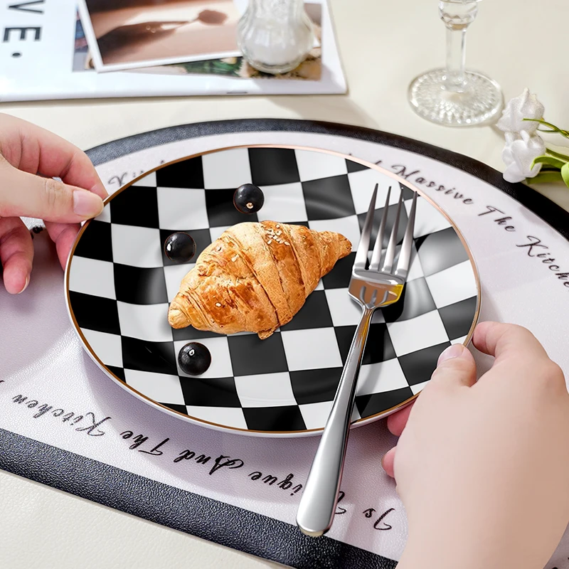 Nordic Simple Plaid Plate with Golden Edge Dessert and Snack Tableware with Black and White Plaid Set From Plate Tableware