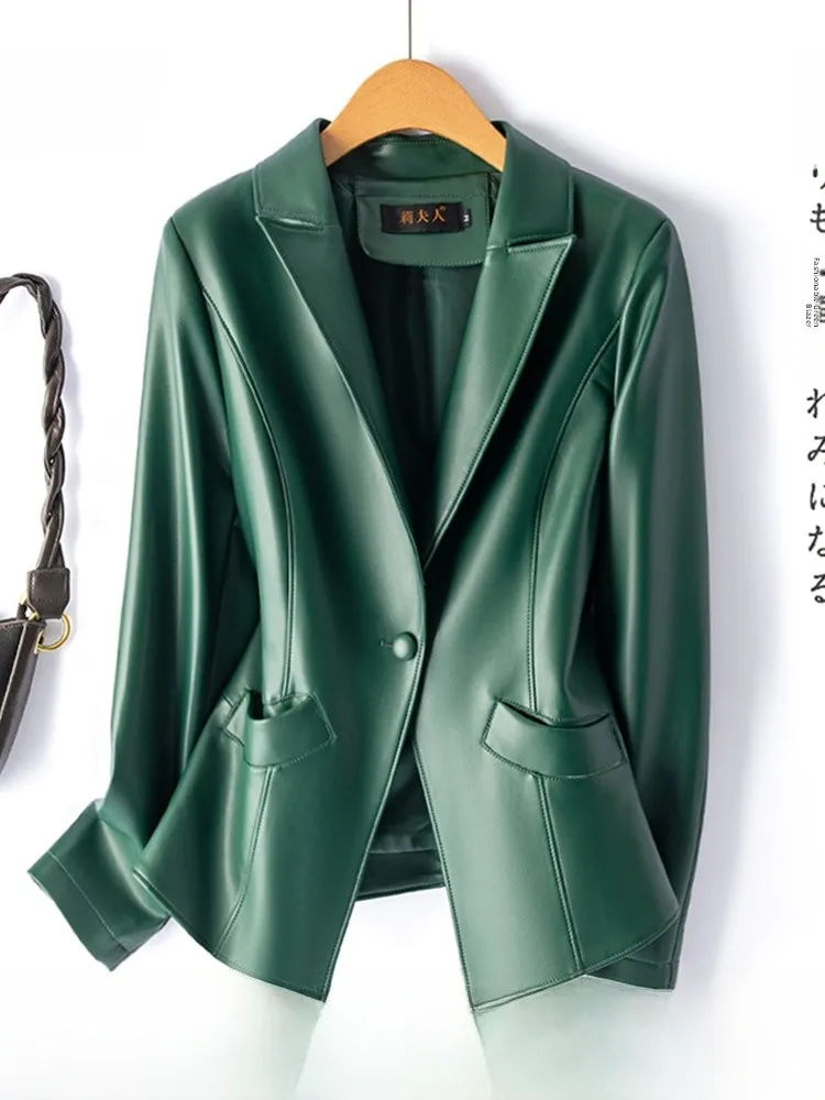 

Spring Autumn New Sle 2025 Genuine Leather Jaet Women ort Fit Busin Suit Lapel Leather Coat Outerwear Commute Sle