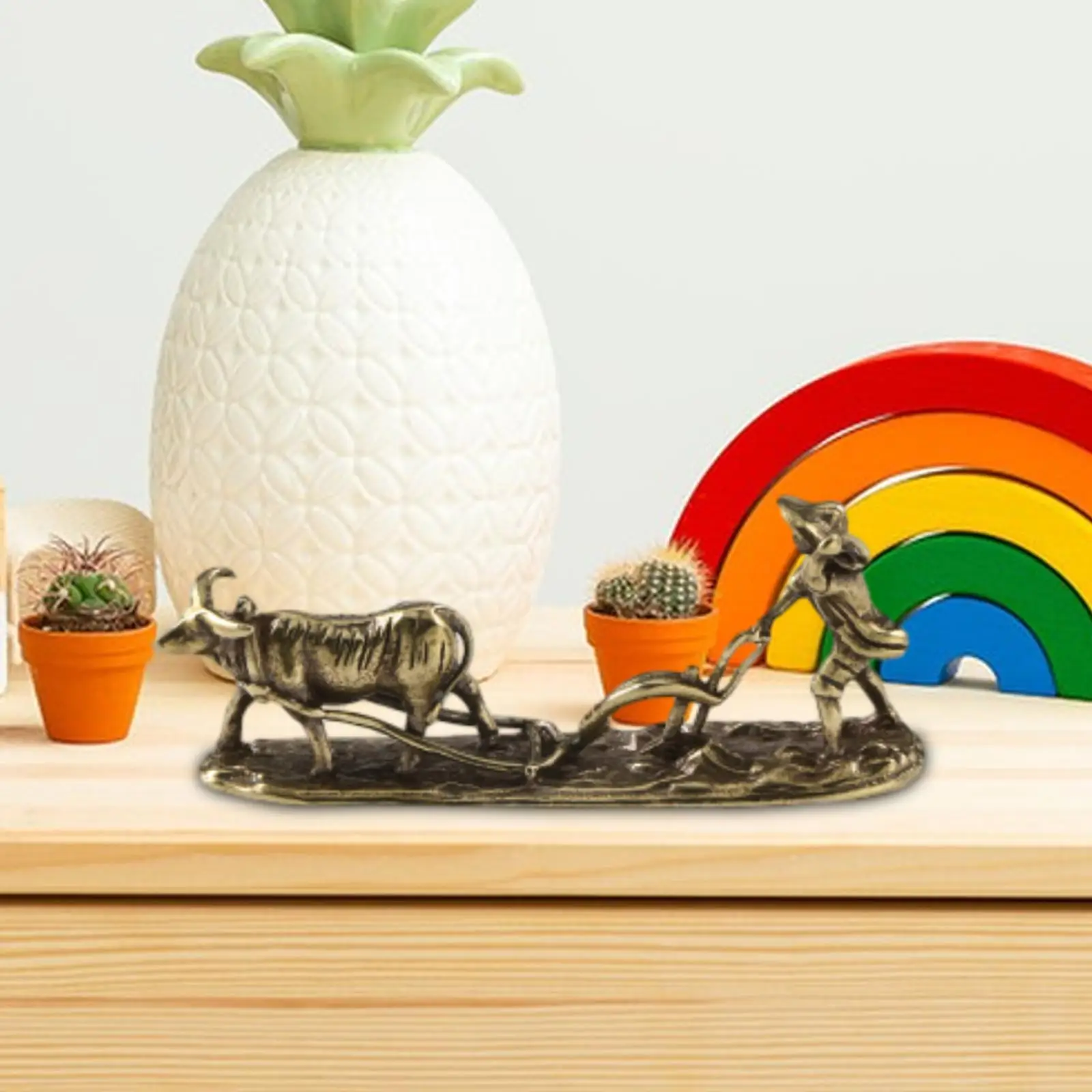 Brass Cow Plow Figurine Chinese Feng Shui Ornament Cute Home Decor Miniature Cow Sculpture for Home Teahouse Office Desk Bedroom