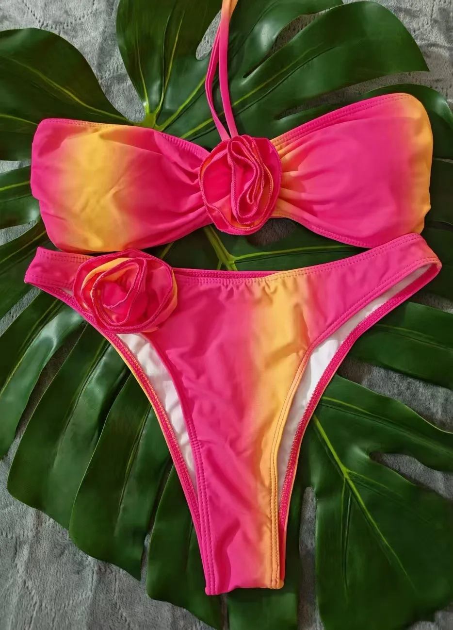 sexy pink gradient 3d flower bandeau bikinis sets two pieces thong swimsuits bathing suit swimwear biquini tankini trikini