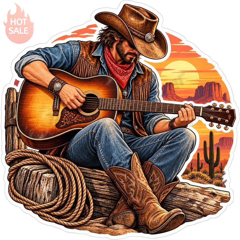 Western Country Music Cowboy Guitar Hat Festival Retro PVC Decal For Car Body Waterproof Sun Protection Sticker Car Styling
