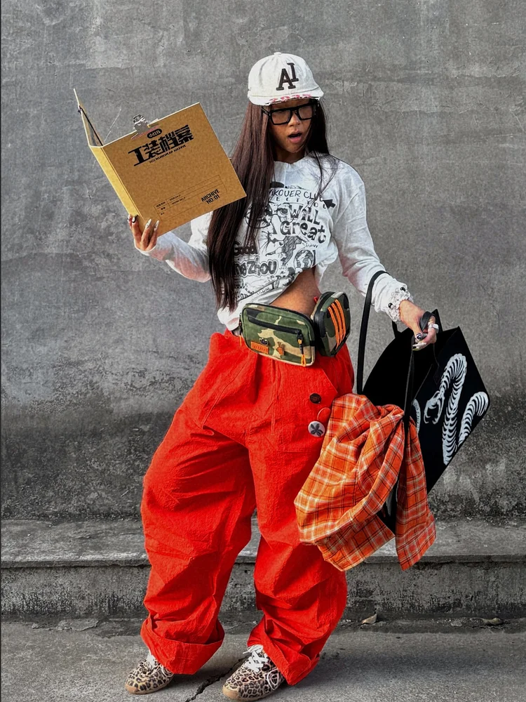 

Брюки-парашюты женские мешковатые весенние модальные расклешенные брюки-карго на открытом воздухе минималистичные милые девушки универсальные лоскутные городские повседневные брюки