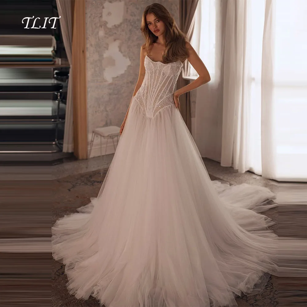 TLIT Abiti da sposa eleganti a trapezio in tulle di pizzo avorio Abiti da sposa con strascico in tulle personalizzati senza spalline