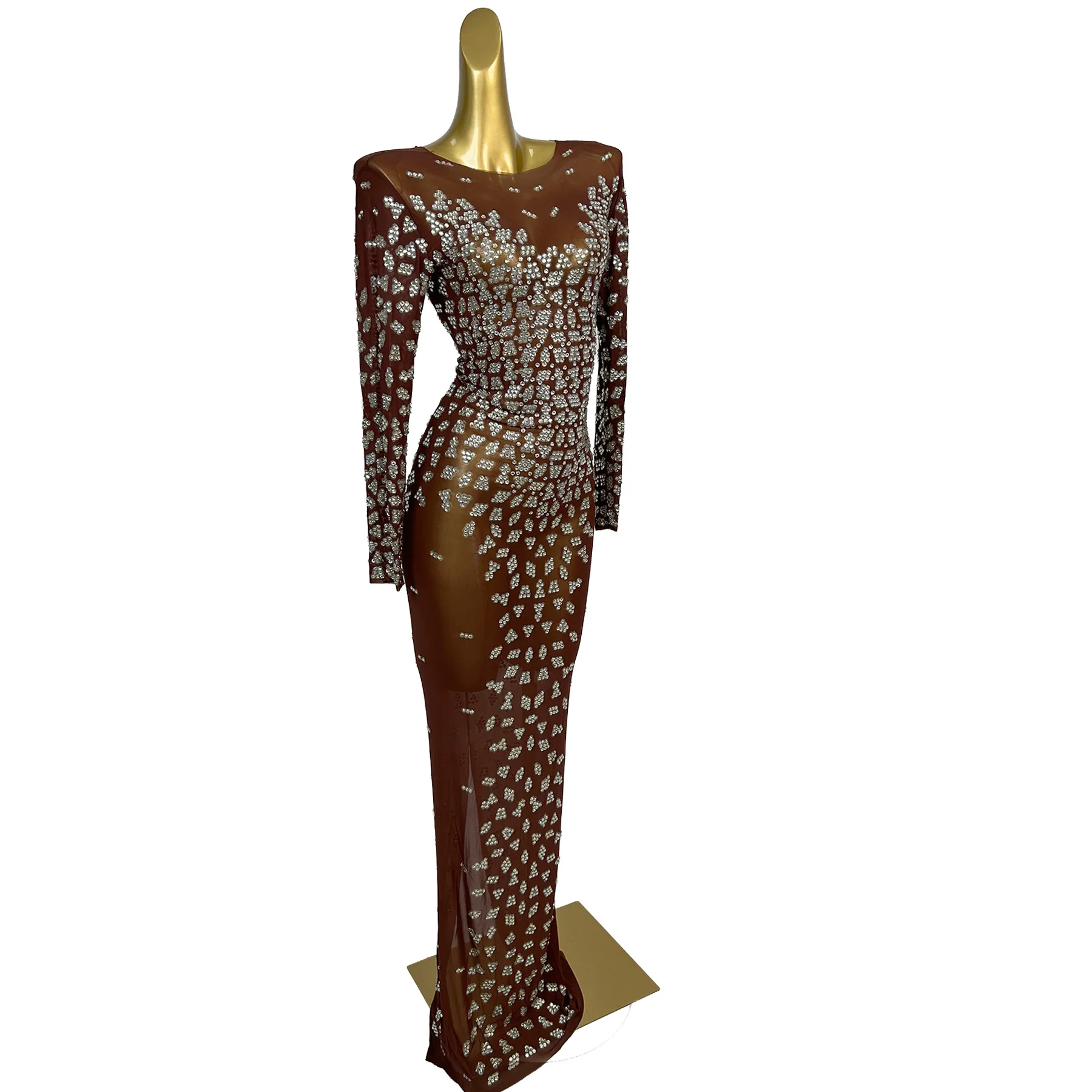 Jiaodianmanzuan Luxury Silver Rhinestone Embellished Brown Sheer Mesh Mermaid Dress Long Sleeve Evening Club Gown