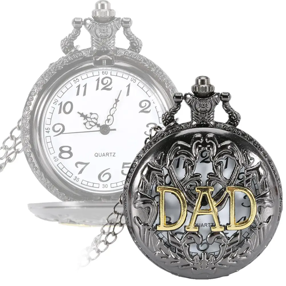 Man Watch Vintage Hollow DAD Design Pocket Watch Pendant Necklace Men Happy Father's Day Chain Clock Gifts Watch On Chain