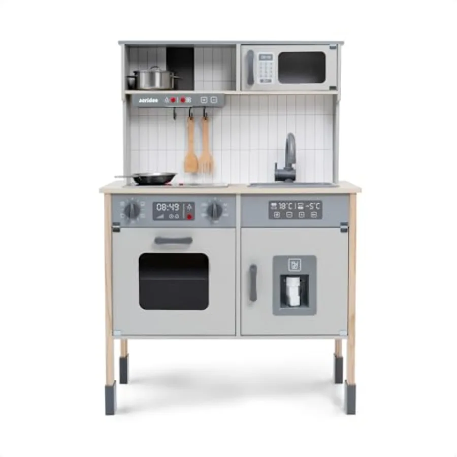 

Play Kitchen for:Wooden Kitchen Set in Red with Realistic Microwave, Sink Faucet, Stove, Oven, Ice Maker and Accessories Durabl