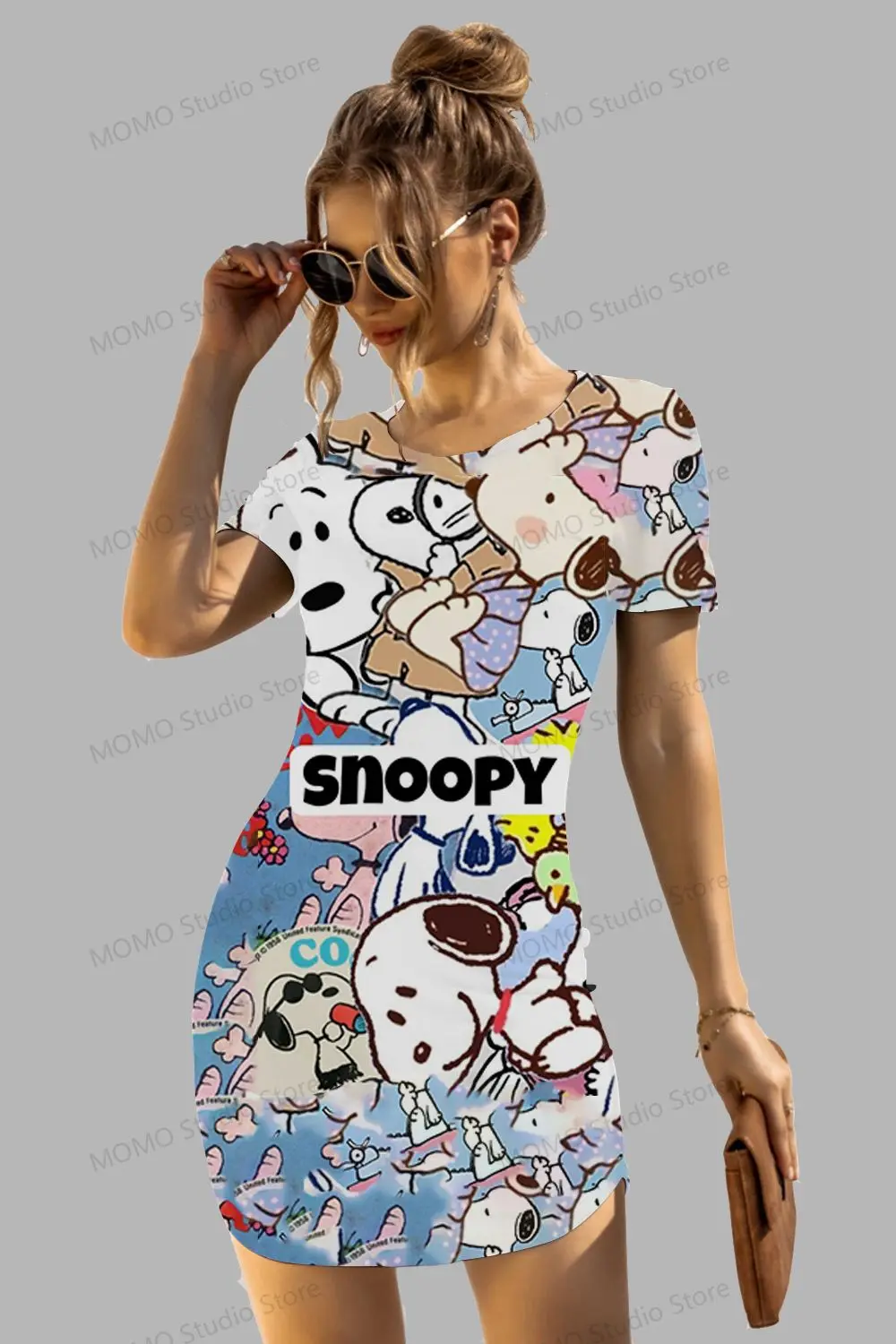 Vestido picante de manga curta com o decote Kawaii Snoopy Hip, elegante moda boho, novo, verão, Y2K, S to 3XL, 2024