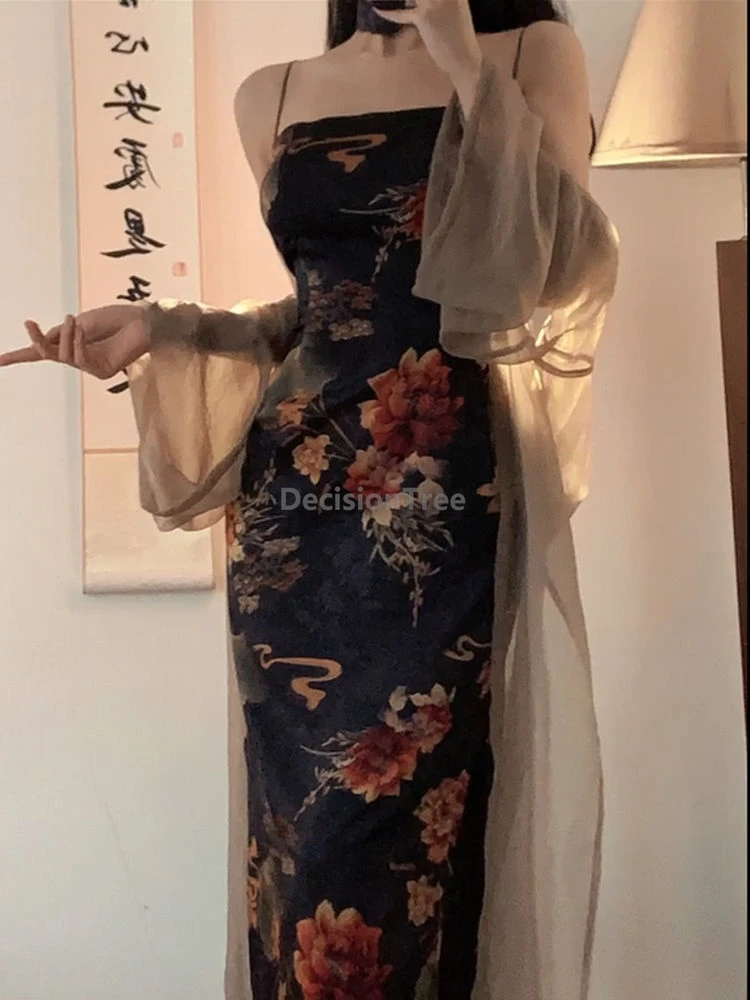 

2025 temperament advanced sense chinese hanfu set retro floral printed hang neck dress over sizefFull figured girl daily hanfu